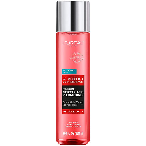 L'Oreal Paris Revitalift 5% Pure Glycolic Acid Peeling Toner from Derm Intensives with Aloe Vera, Smooth Skin & Reveal Glow, Daily Exfoliant for Brighter Skin, Fragrance and Alcohol Free, 6 Fl Oz