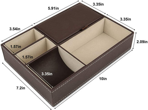 Baoyun Mens Valet Tray Organizer - Leather Nightstand Dresser Top Box with 5 Compartment for Accessories, Wallet, Phone, Keys (Brown)
