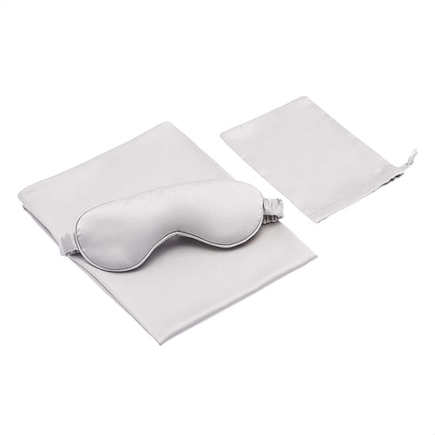 Amazon Basics 100% Mulberry Silk Sleep Set for Hair and Skin with Pillowcase, Eye-Mask and Travel Pouch - Dual Side 19 Momme Silk, Light Grey, Standard, Sleep Set