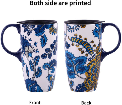 Ceramic Mug with Lid and Handle,17oz. Tall Coffee Cup for Home,Party and Birthday,Blue Flower