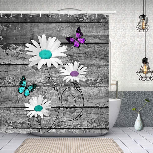 Rustic Farmhouse Fabric Shower Curtain Sets, Teal Butterfly Shower Curtains, White Farm Daisy Flowers on Country Grey Wooden Bathroom Curtain with12 Hooks, 69X70in