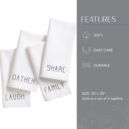 Elrene Home Fashions Farmhouse Living Sentiments Napkins, Set of 4, 20" x 20", Black/White 4