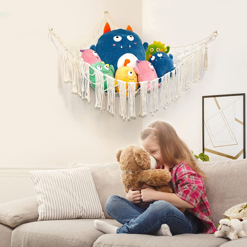 Stuffed Animal Toy Hammock Macrame, Hanging Organizer Pet Net Holder Boho Display Corner Plush Toy 3 nails for Girl Nursery Playroom Bedroom Kids Room (45inch)