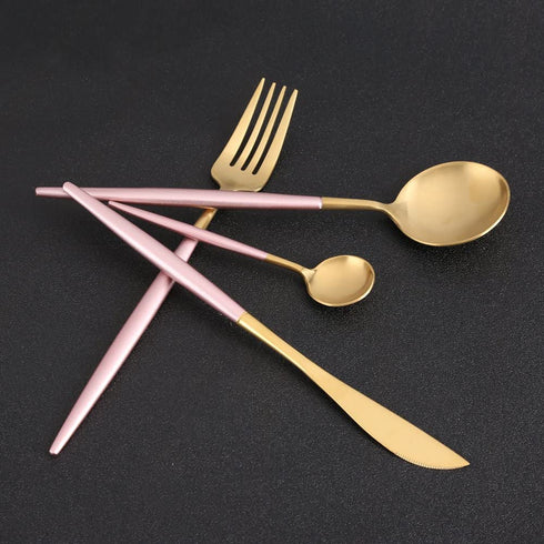 4 Pieces Stainless Steel Tableware Set Flatware Cutlery Set Including Steak Fork Spoons Knife Dinnerware Anti-Rust Utensil Set(Pink + Golden)