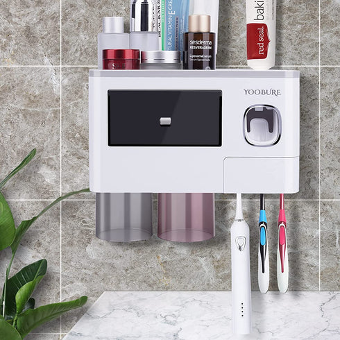 Toothbrush Holders Wall Mounted, Yoobure Automatic Toothpaste Dispenser Set for Bathrooms, Multifunctional Bathroom Organizer Holder with Cosmetic Drawer, 2 Magnetic Cups and 6 Toothbrush Slots