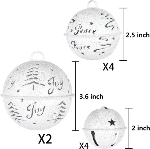 DearHouse 10 Pcs Big Christmas Jingle Bells, 2Inch-3.6Inch White Glitter Christmas Metal Sleigh Bells Rustic Craft Bells for Christmas Tree Wreath Garland Ornaments Holiday DIY Decorations