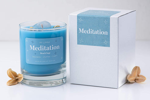 My Lumina Meditation Aromatherapy Candle w/ Clear Quartz Crystal Inside, Beach Sage Relaxing Calming Positive Peace Energy, Soy Wax Blue Scented Candle for Home,Bath,Bathroom,Yoga,Self Care,Gift,Women