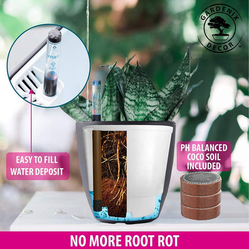 Gardenix Decor 7'' Self Watering planters for Indoor Plants - Flower Pot with Water Level Indicator for Plants, Grow Tracking Tool - Self Watering Planter Plant Pot-Coco Coir - Gray 1 Pack