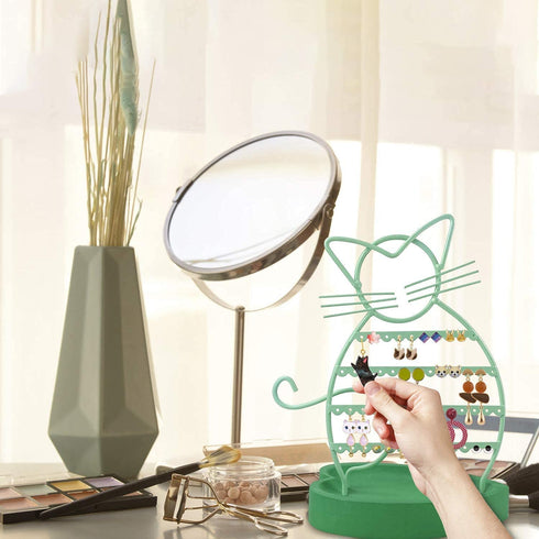 ERYTLLY Earring Holder, Cat Shaped Earring Stand with Wood Base for Girls/ Kids-47 Stud Earrings Holes (Mint Green)