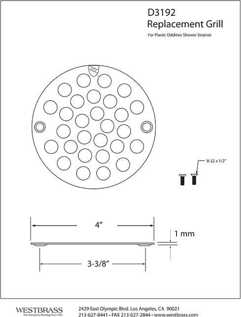 Westbrass D3192-26 4" OD Brass Shower Strainer Grid Drain Cover, 1-Pack, Polished Chrome