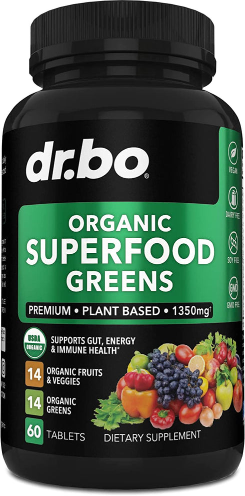 Organic Superfood Greens & Fruit Supplements - Energy Super Food Fruits and Veggies Supplement Tablets - Daily Green Veggie Powder Blend Plus Vegetable Foods Alfalfa, Spinach, Cabbage & Spirulina Tabs