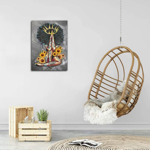 Framed African American Wall Art Black Queen Girl Praying Sunflower Portrait Gray Art Modern Abstract Canvas Prints Painting Artwork Wall Decor Home Decoration for Bedroom Living Room Ready to Hang