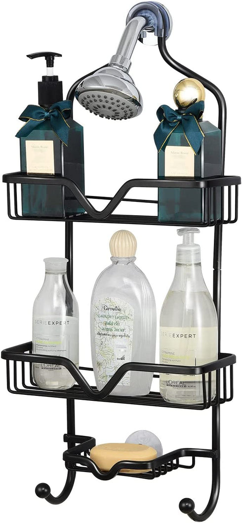 Shower Caddy Over Shower Head, Aluminum Hanging Shower Caddy, Rustproof Shower Organizer Hanging for Shampoo & Soap 3-Tier with 2 Hooks, Black, 25.1" x 11" x 4.7"