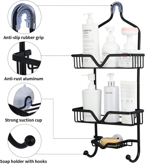 Shower Caddy Over Shower Head, Aluminum Hanging Shower Caddy, Rustproof Shower Organizer Hanging for Shampoo & Soap 3-Tier with 2 Hooks, Black, 25.1" x 11" x 4.7"