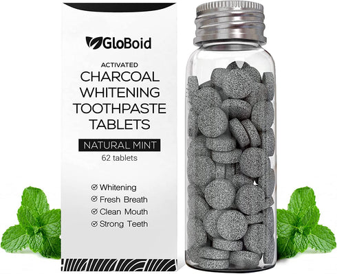 GloBoid Charcoal Toothpaste Tablets with Fluoride, Zero Waste Toothpaste Bits, Eco Friendly Toothpaste Tabs, Plastic Free Toothpaste Bites - 1 Month Supply - 62 Count - Mint