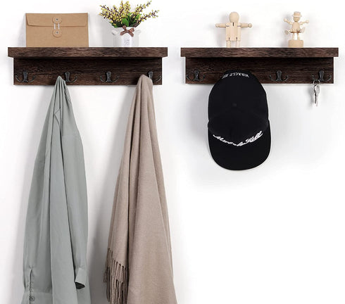Coat Rack Wall Mount with Shelf Coat Racks with Hooks Bathroom Shelf with Hooks Entryway Coat Rack Organizer for Hanging Hat Keys Set of 2, Expresso