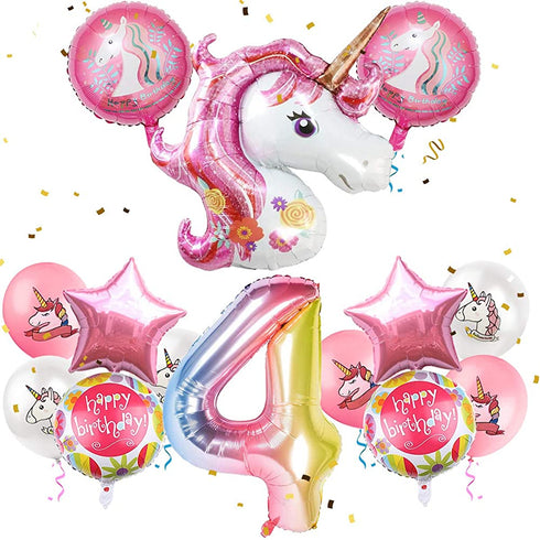MOVINPE Number Balloons Birthday Party Decorations for Girls, 43" Pinks Jumbo Large Mylar Foil Balloon Bouquet, Round Round-Shape Foil Balloon, Girly Theme Party Supplies Backdrop (Unicorn #4)