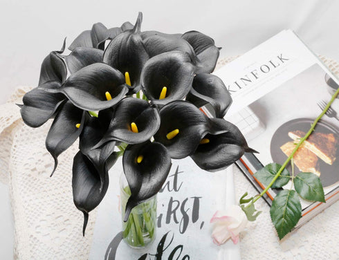 20Pcs Calla Lily Fake Black Flowers Wedding Bouquet Artificial Real Touch Latex Flowers Home Wedding Party Decor (Black)