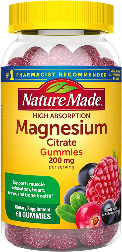 Nature Made High Absorption Magnesium Citrate 200 mg per serving, Dietary Supplement for Muscle, Nerve, Bone and Heart Support, 60 Gummies, 30 Day Supply