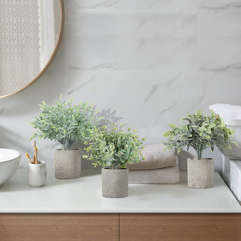 ODOM Artificial Plants, 3Pcs Small Fake Plants for Bedroom Aesthetic, Faux Eucalyptus Plants for Office Desk Bathroom Farmhouse Home Decorations