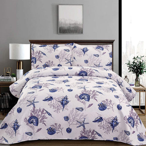 King Size Quilt Set Beach Quilt Bedding King Quilts Bedspread Coverlet Coastal Ocean Bedding Summer Lightweight Reversible Quilt Beach Bed Spread Coverlet Starfish Conch Shell Home Decor Quilt Blue