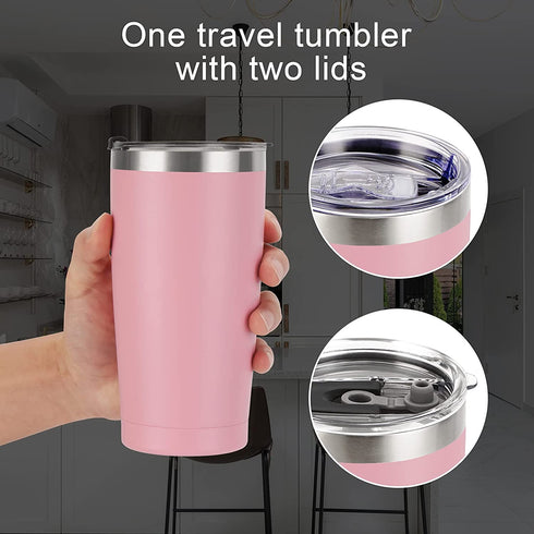 2 Pack Travel Tumblers, 20 Oz Stainless Steel Tumblers with Lids Straws, Vacuum Insulated Tumblers, Double Wall Travel Tumblers, Powder Coated Insulated Coffee Cup for Hot and Cold Drinks, Pink