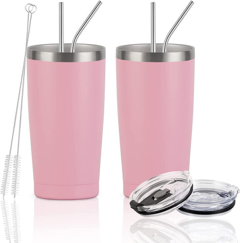 2 Pack Travel Tumblers, 20 Oz Stainless Steel Tumblers with Lids Straws, Vacuum Insulated Tumblers, Double Wall Travel Tumblers, Powder Coated Insulated Coffee Cup for Hot and Cold Drinks, Pink