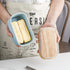 KOOV Porcelain Large Butter Dish with Lid for Countertop, Airtight Butter Container with Oak Lid, Butter Crock, Perfect for 2 Sticks of Butter, Texture Series (Sky)