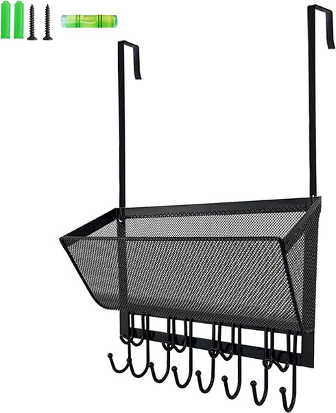 Giftgarden Over The Door Hooks Coat Rack with Wire Mesh Basket, 12 Hooks Door Hanger & Wall Mount Storage Organizer for Bathroom Bedroom Kitchen Cabinet Office Hanging, Black