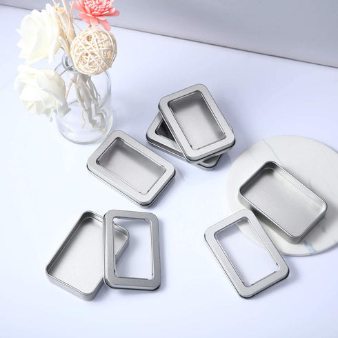 TecUnite Metal Tin Box Clear Top Tins Box Empty Storage Tins Case Rectangle Containers Can with Large Clear Window for Candles, Candies, Gifts, Balms and Treasures, Silver (24)