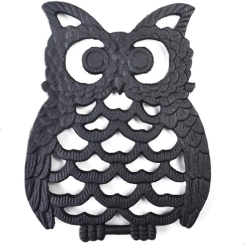 Cast Iron Trivet for Hot Dishes, Lovely Owl Pattern Black Trivet, Hot Pot Holder Pads with Rubber Pegs, Decorative for Kitchen & Dining Table