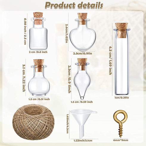 50 Pieces Small Mini Glass Jars Bottle with Cork Stopper Tiny Wishing Bottles with Eye Screws Funnel and Rope Small Cork Clear Glass Bottle for DIY Crafts Bead Container (Mixed Style)