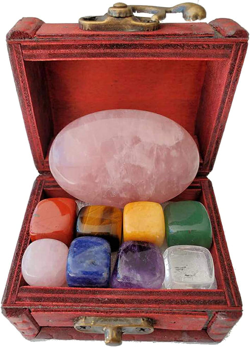Chakra Self Love Healing Crystal Collection in Treasure Chest, 9 PCS 1 Large Rose Quartz Palm Stone 8 Chakra Tumbled Stones Guide Self-Love Affirmations The Sacred Gift,Self Worth,Spirituality