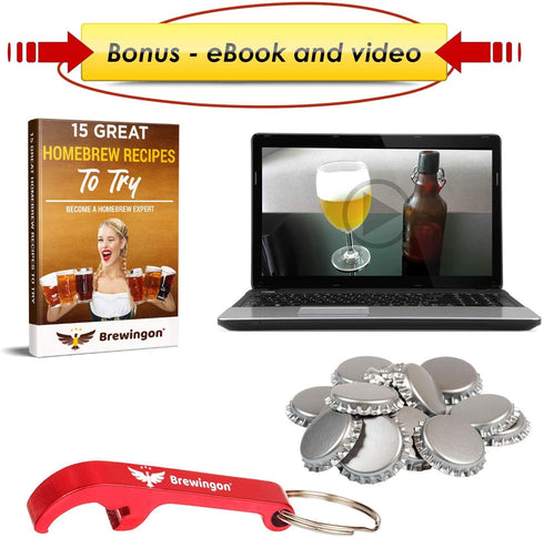 Bottle Capper - by Brewingon - Home Brewing Kit With 20 Caps and Red Opener - Perfect to Seal Your Bottles - Video and eBook - How to Make Your Own Craft Beer! 15 Great Homebrew Recipes to Try