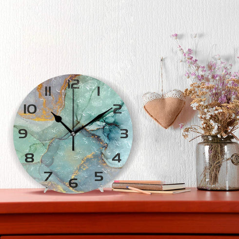 One Bear Modern Green and Gold Marble Texture Wall Clock, Silent Non Ticking Battery Operated Round Clock for Kitchen Office School Home Decorative