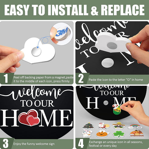 Seasonal Interchangeable Welcome Sign for Front Door Decor St Patrick's Day Wreath Shamrock Door Sign with 15 Pieces Icons St Patricks Easter Decor Christmas Valentines Spring Summer Fall Winter