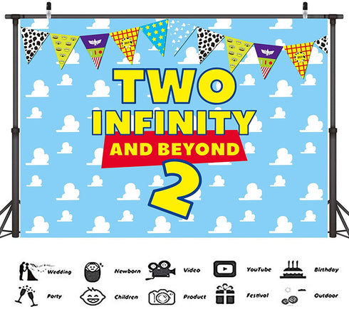 HEETON Two Infinity and Beyond Backdrop Buzz Banner Light Year Toy Inspired Story 2nd Birthday Balloons Party Supplies Decorations Photo Prop for Girl Boy Baby Background -7 x 5ft