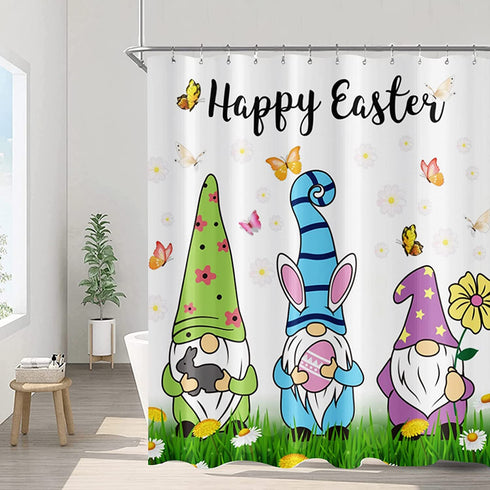 Happy Easter Gnomes Shower Curtain Butterflies Cute Rabbit Gnome Hug Eggs Daisy Flowers in Grass Spring Festival Bathroom Curtains 72x72 Inch Waterproof Polyester Fabric Bathroom Decor