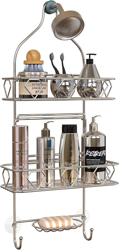 Upgraded! GeekDigg Bathroom Hanging Shower Head Caddy Organizer, Three Tier, Rust Proof Premium Hanger Design With Suction Cups, Hooks, Bath Room Caddies Hang on Showers Head, Shower Organizer, Silver