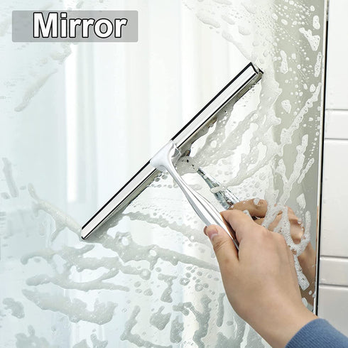 VIVIBEAUTY Shower Squeegee for Glass Doors, 12-Inch Stainless Steel Squeegee for Shower Glass Door, Mirror, Windows, 1 Replacement Silicone Blade and 2 Hooks, Silver