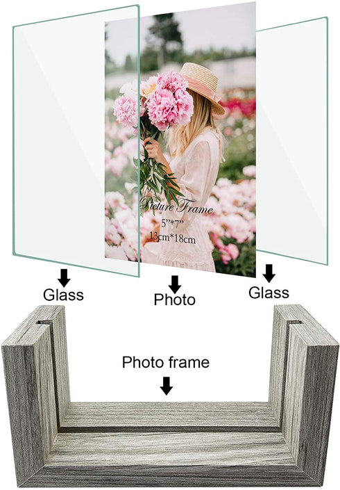 CRUGLA 5x7 Glass Picture Frame Set of 2, Double Sided Frameless 5 by 7 Photo Frames for Tabletop Display