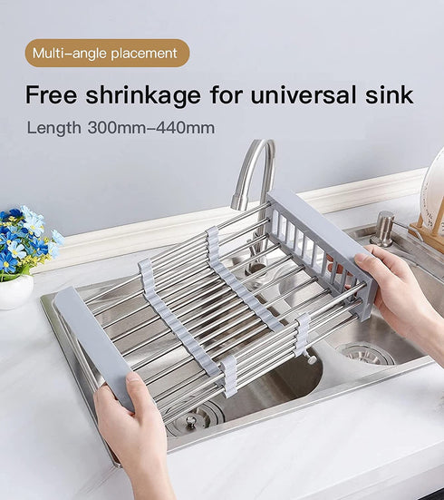 Expandable Stainless Steel Dish Drying Rack, Telescopic Drain Basket Over Sink Organizer for Vegetable, Fruit and Tableware (Grey)