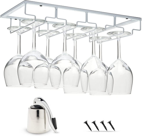 Wine Glass Rack Under Cabinet - 4 Row Iron Stemware Rack With A Steel Wine Stopper - Our Wine Glass Hanger Holds Wine, Brandy, Margarita, Martini Glasses & More - 1 Rack, White