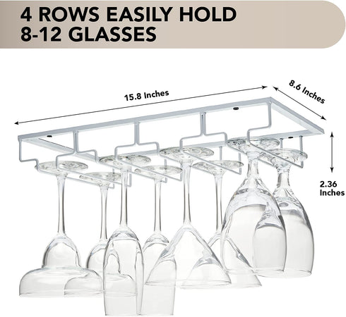Wine Glass Rack Under Cabinet - 4 Row Iron Stemware Rack With A Steel Wine Stopper - Our Wine Glass Hanger Holds Wine, Brandy, Margarita, Martini Glasses & More - 1 Rack, White