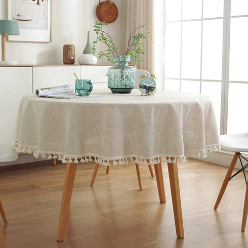 Round Tablecloth, DarNio Cotton Linen Table Cloth with Tassel Dust-Proof Table Cover for Kitchen Dining Tabletop Decoration Diameter 60 Inch
