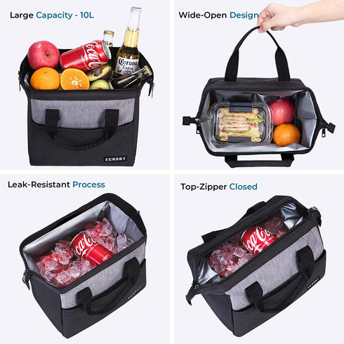 Large Insulated Lunch Bag for Women Men Leakproof Lunch Tote Bags Cooler Bag for Work Travel Adult Thermal Lunch Bags for Office College School -10L - Black