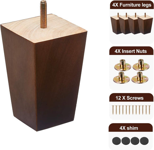 SHANJUE Wood Furniture Legs 4 inch Sofa Legs Set of 4,Square Brown Couch feet,Mid Century Chair Legs,Replacement Couch Legs, for Dresser Legs Sideboard Recliner Coffee Table