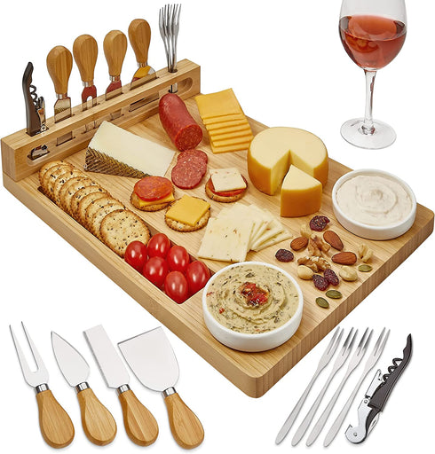 Cheese board Cutlery Knife Set bamboo Charcuterie Platter Serving Tray, with ceramic bowls Server Forks, Wine Opener, Cheese Plate Set Gift for Birthdays, Christmas Anniversary Wedding Registry,