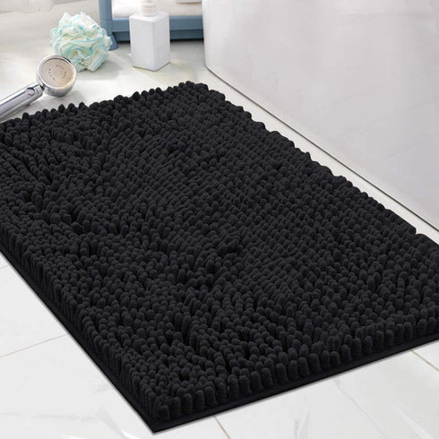 Bath Rug for Bathroom 20x32 Non Slip Bathroom Rug Water Absorbent Washable Rug Mat for Indoor Extrance Feature Extra Thick Bouncy Fluffy Chenille, Black - 20" x 32"