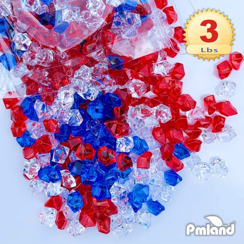 PMLAND Patriotic Acrylic Ice Rocks Crystals Gems ~550 Pcs 3 lbs Bulk Bag for Vase Filler Table Scatter Party Wedding Arts Crafts Decoration Display Idea -Red Blue Clear Blend